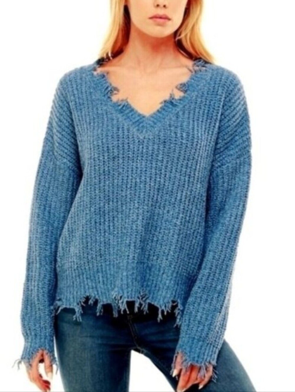 Miracle Distressed Fringe Raw Hem V Neck Oversized Sweater Teal Blue Size M/L